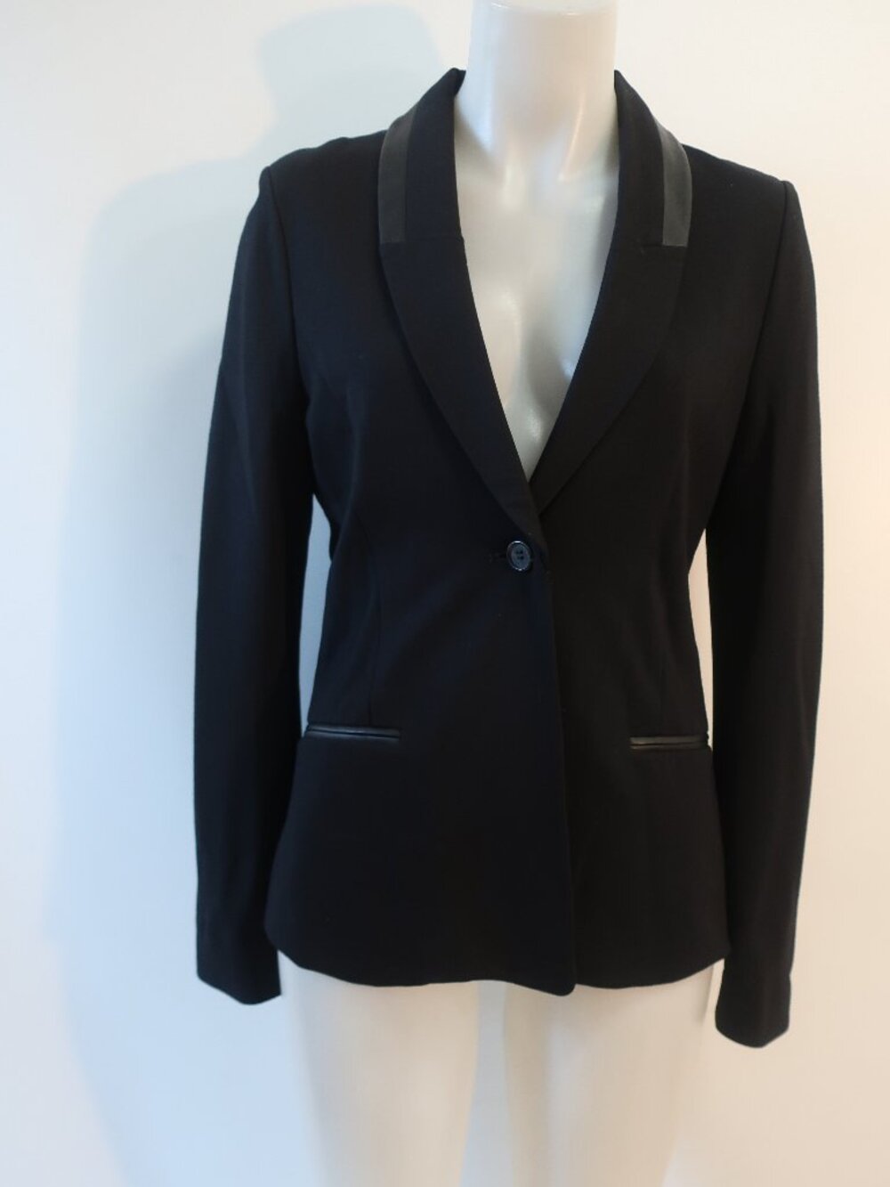 Womens David Lerner Black One Button Blazer W/Faux Leather Trims M